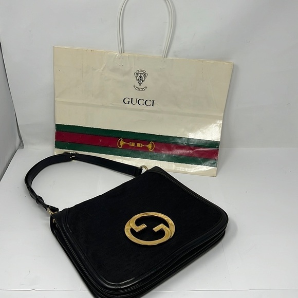 Gucci 1970s Vintage Blondie Logo Black Canvas and Leather Shoulder Bag - Picture 1 of 16